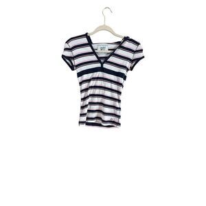 Limited to size 14 blue and white and pink striped hoodie short sleeved top